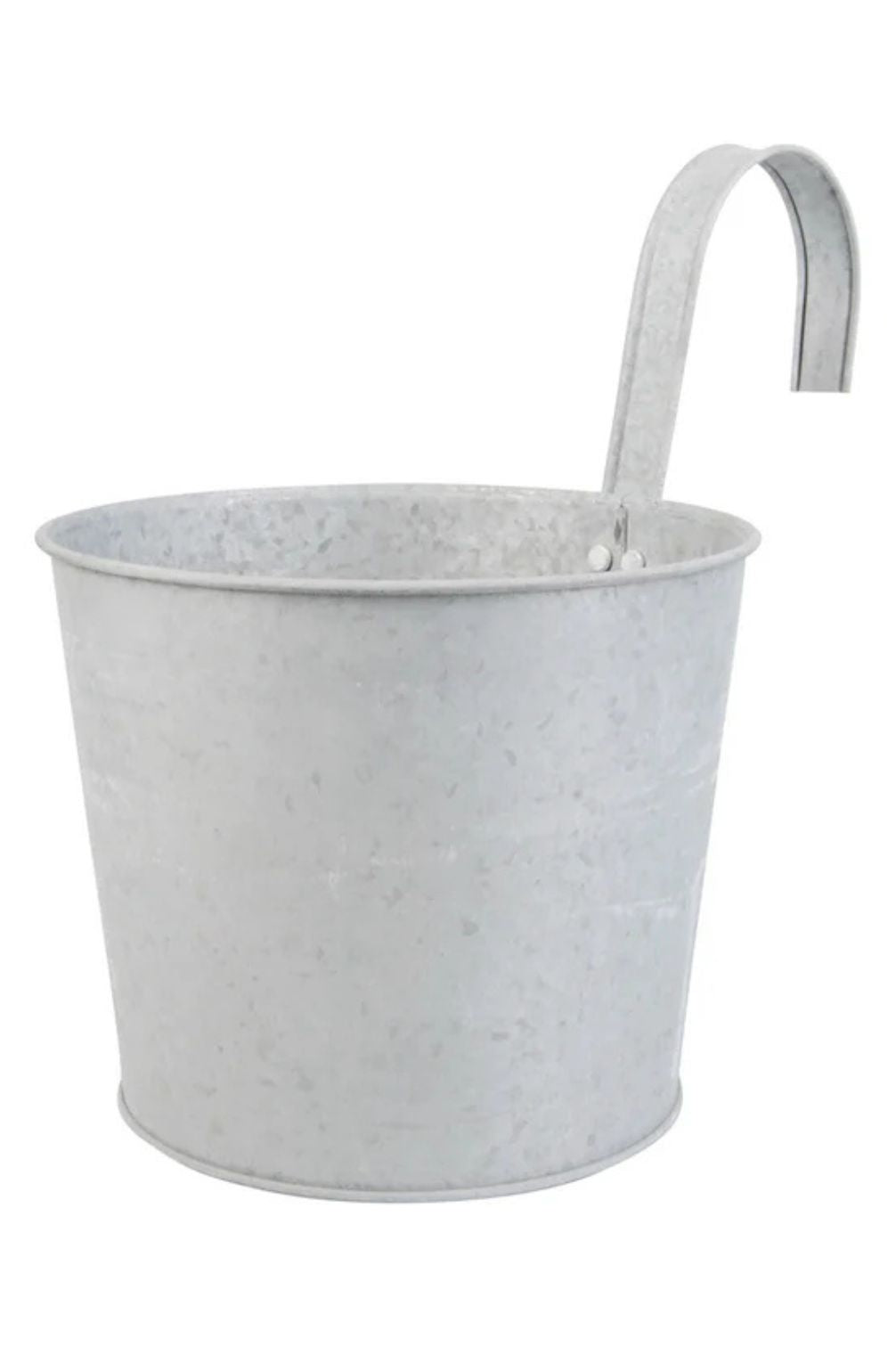 Altzink Topf mit Henkel aus Metall als dekoratives Pflanzgefäß oder Hängetopf für Garten und Balkon.