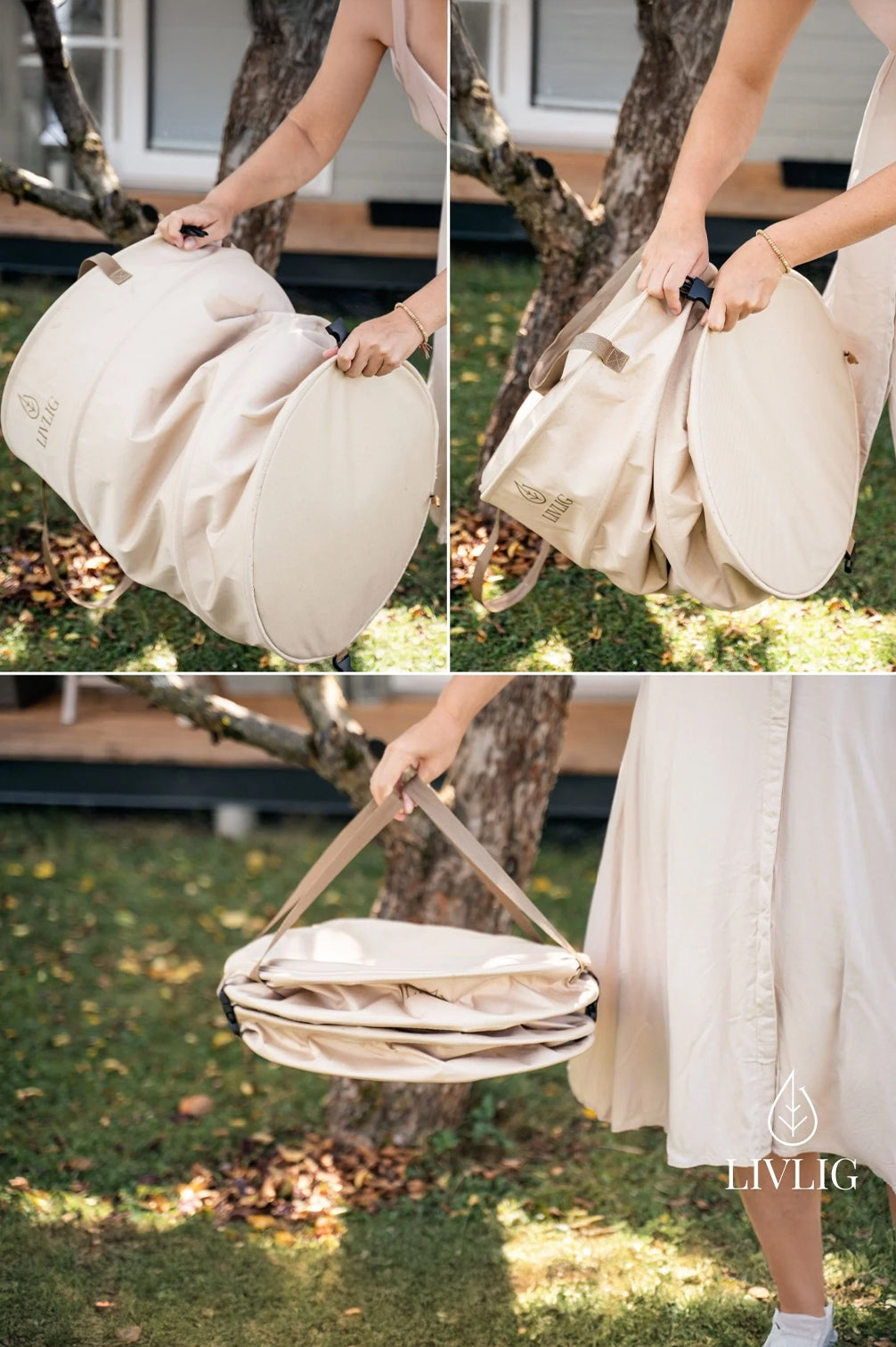 Eine Frau faltet den beigen LIVLIG Pop-up Gartensack zusammen, fixiert ihn mit Clips und trägt ihn flach an zwei Griffen. Der 90-Liter Laubsack aus robustem Oxford-Gewebe lässt sich platzsparend verstauen.