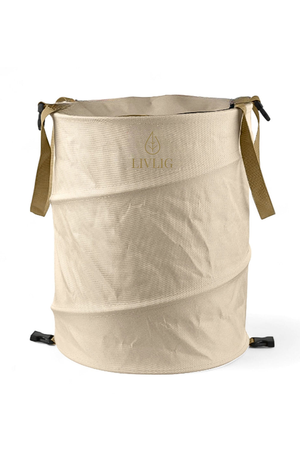 Freigestelltes Produktfoto des beigen LIVLIG Pop-up Gartensacks mit 90 Litern Volumen. Der robuste Gartenabfallsack aus Oxford-Gewebe hat stabile Tragegurte, einen Reißverschluss-Deckel und ist faltbar.