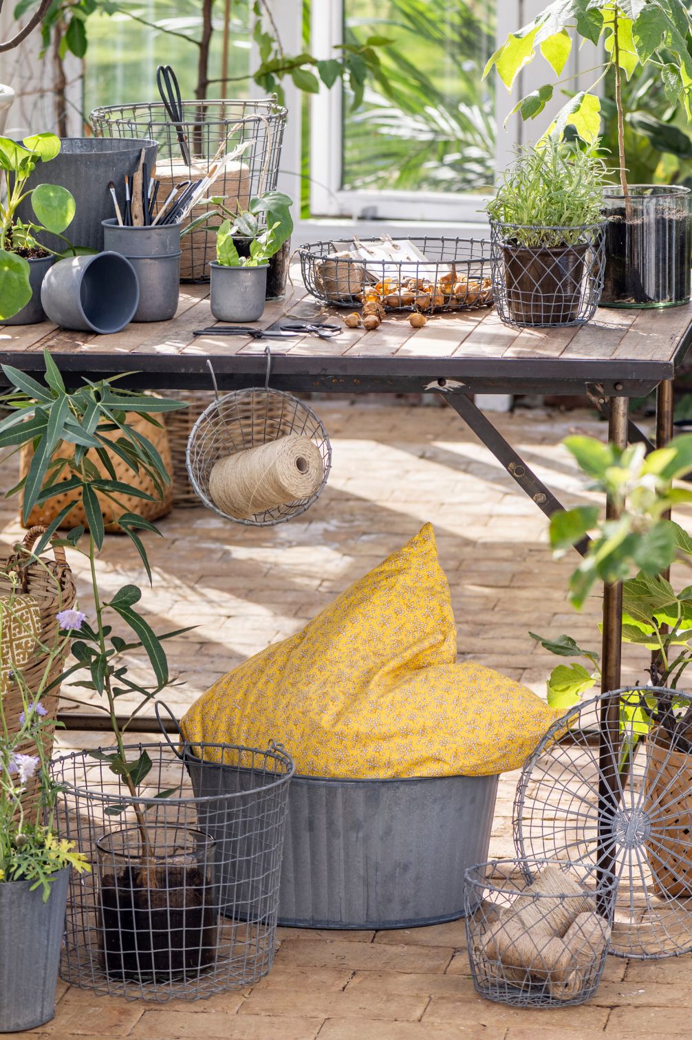 Zinkwanne als dekorativer Stauraum im Gewächshaus mit Gartenzubehör, Drahtkörben und Pflanzen – vielseitig einsetzbare Metallwanne für Garten und Terrasse.