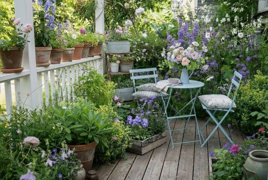 Romantisch bepflanzte Terrasse im Cottage Garten Stil mit Blumentöpfen, Stauden und kleinem Bistro-Set im Cottage Garten Stil.