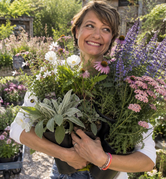 Sarah Stiller von My Cottage Garden mit verschiedenen blühenden Stauden.