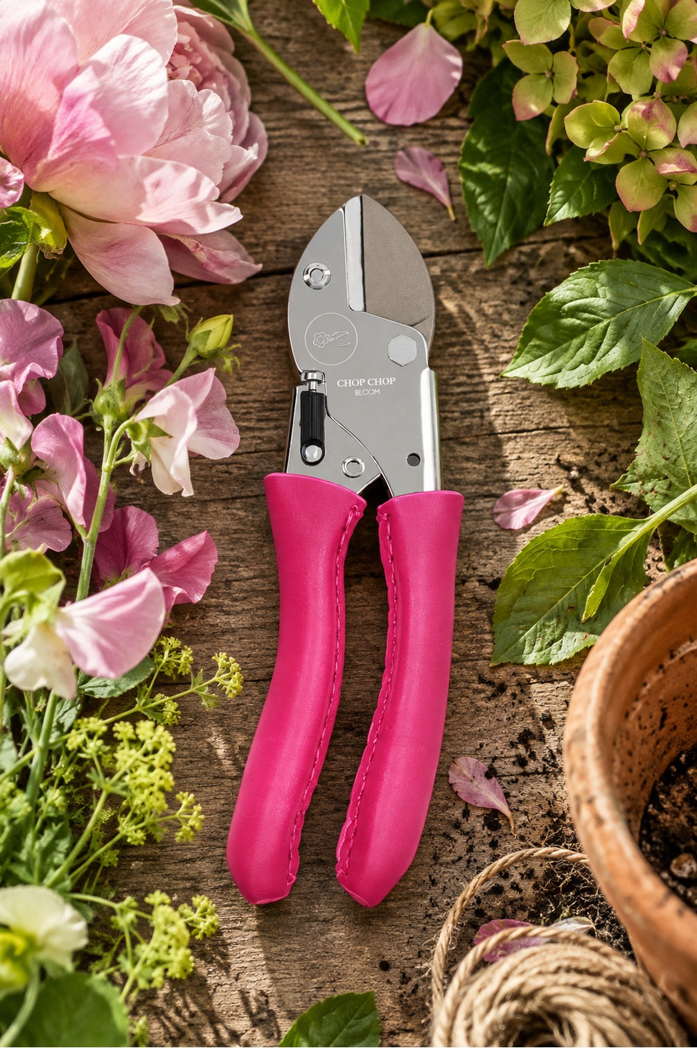 Chop Chop Bloom Gartenschere mit pinken Ledergriffen auf rustikalem Holztisch, umgeben von rosa Blüten, Hortensien und Gartenzubehör.