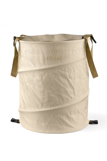 Freigestelltes Produktfoto des beigen LIVLIG Pop-up Gartensacks mit 90 Litern Volumen. Der robuste Gartenabfallsack aus Oxford-Gewebe hat stabile Tragegurte, einen Reißverschluss-Deckel und ist faltbar.
