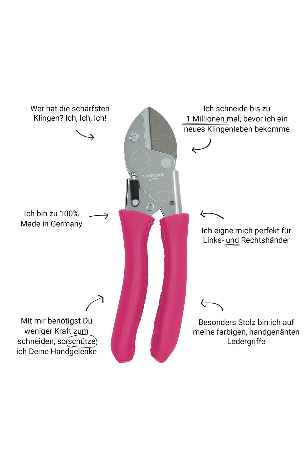 Gartenschere "Fandango Pink" von Chop Chop Bloom mit Produktdetails und Eigenschaften.