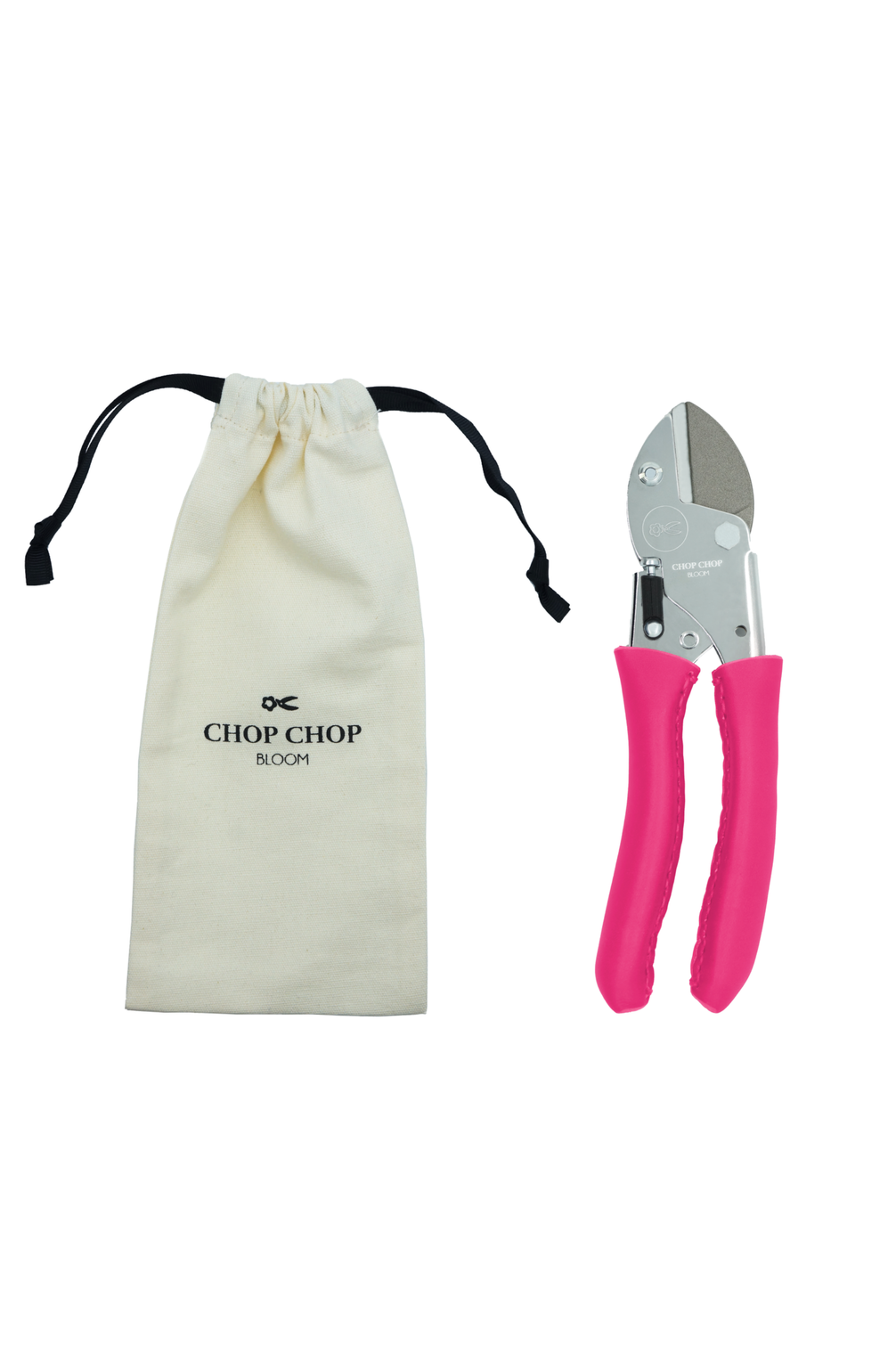 Geschlossene Gartenschere "Fandango Pink" von Chop Chop Bloom mit pinkfarbenen Ledergriffen und Stoffbeutel.