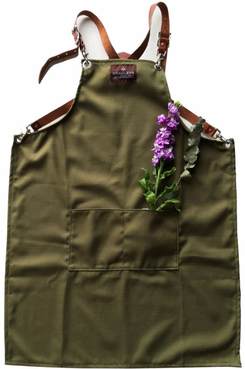Khakifarbene Gartenschürze aus Baumwolle mit Lederriemen und großer Fronttasche.