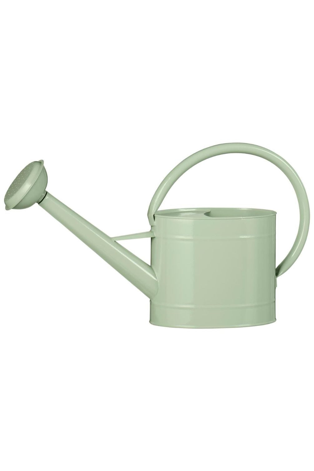 Giesskanne aus Metall in Pastellgrün mit Brausekopf und großem Rundhenkel, 11 Liter Fassungsvermögen.