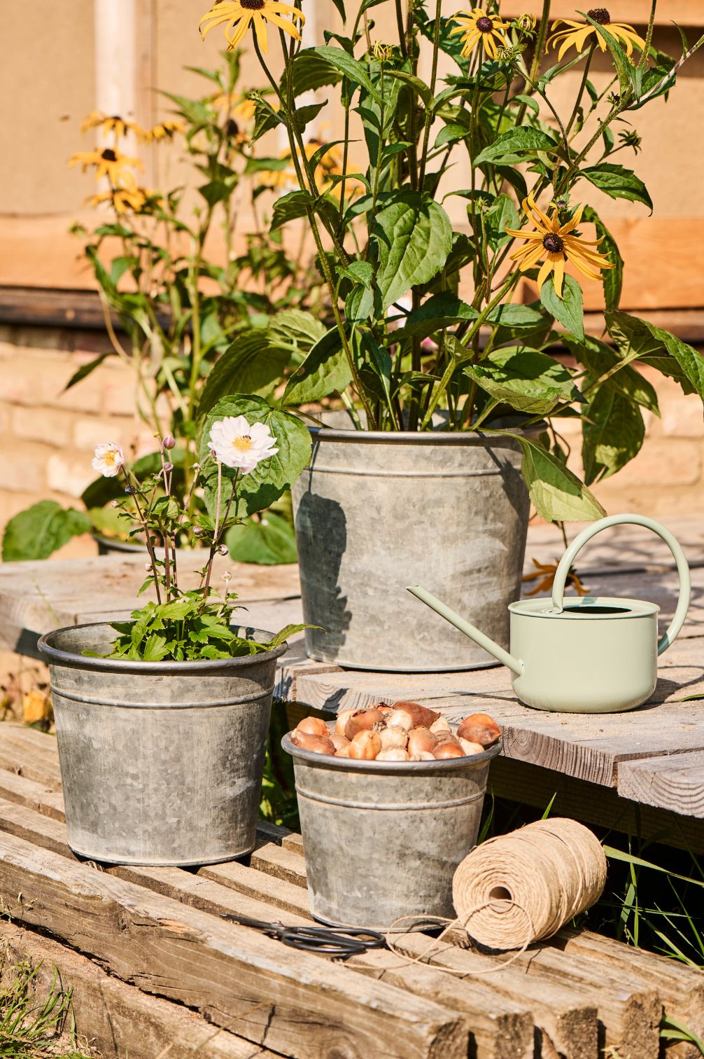 Hohe Pflanztöpfe aus verzinktem Metall im 3er-Set mit lebendiger Zinkstruktur auf Holzterasse.