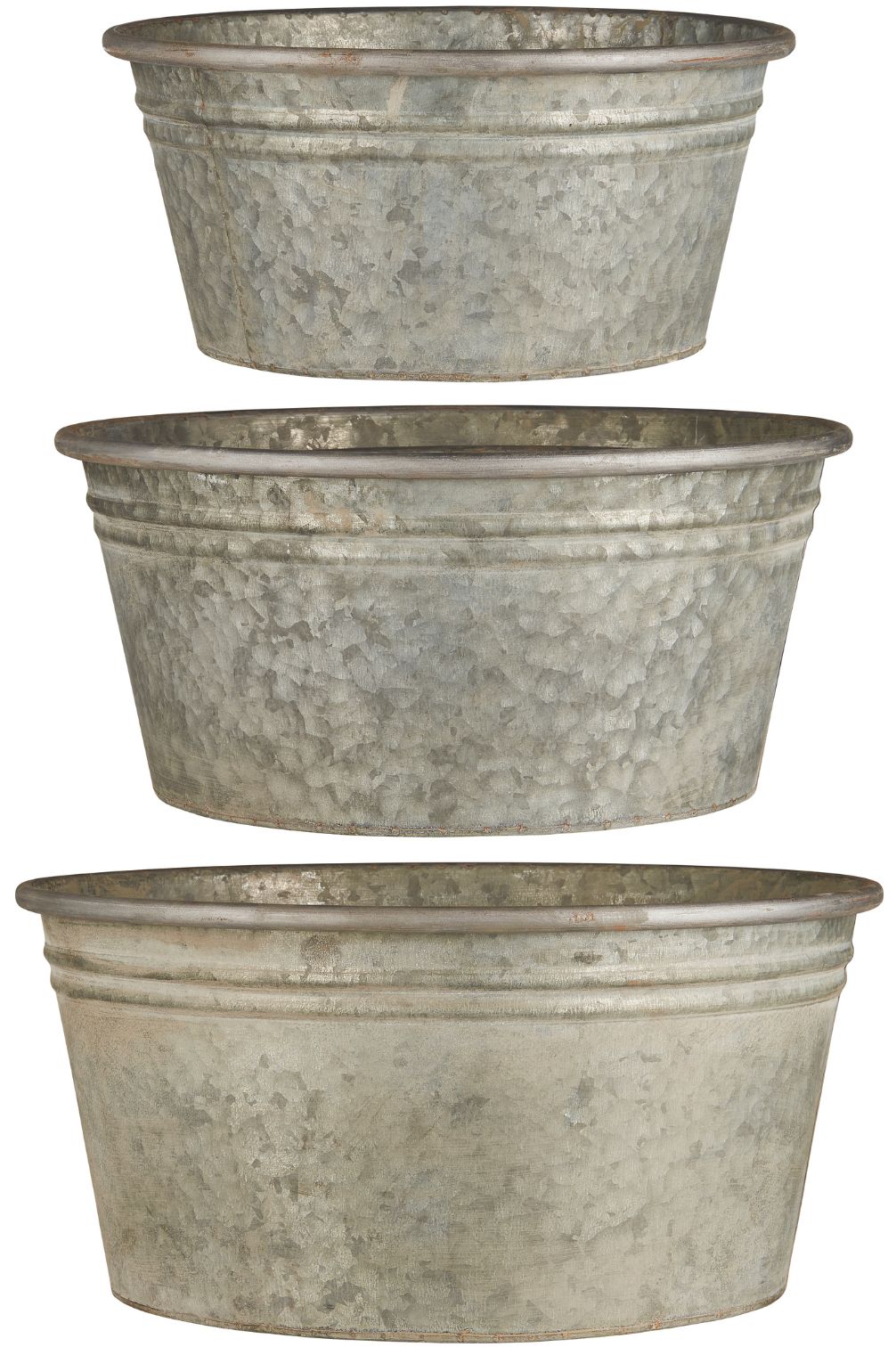 Pflanztopf aus verzinktem Metall mit Zinkblumen-Struktur.