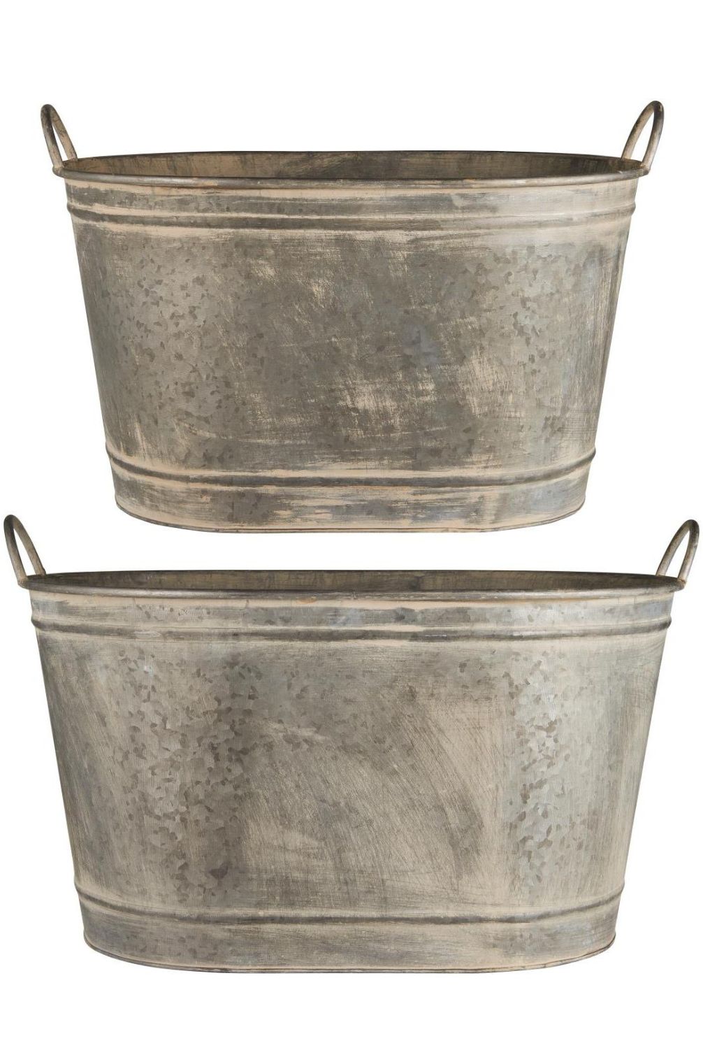 Ovale Pflanzwanne aus verzinktem Metall mit seitlichen Henkeln in zwei Größen.