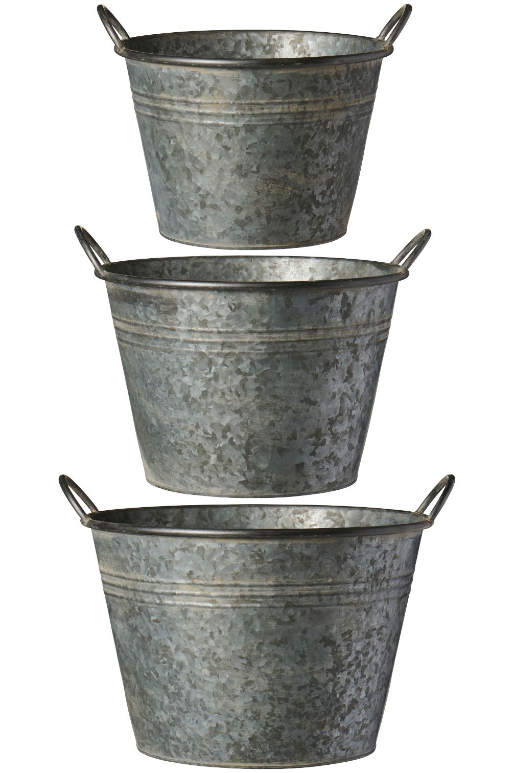 Konischer Pflanztopf aus verzinktem Metall im 3er-Set mit seitlichen Henkeln.