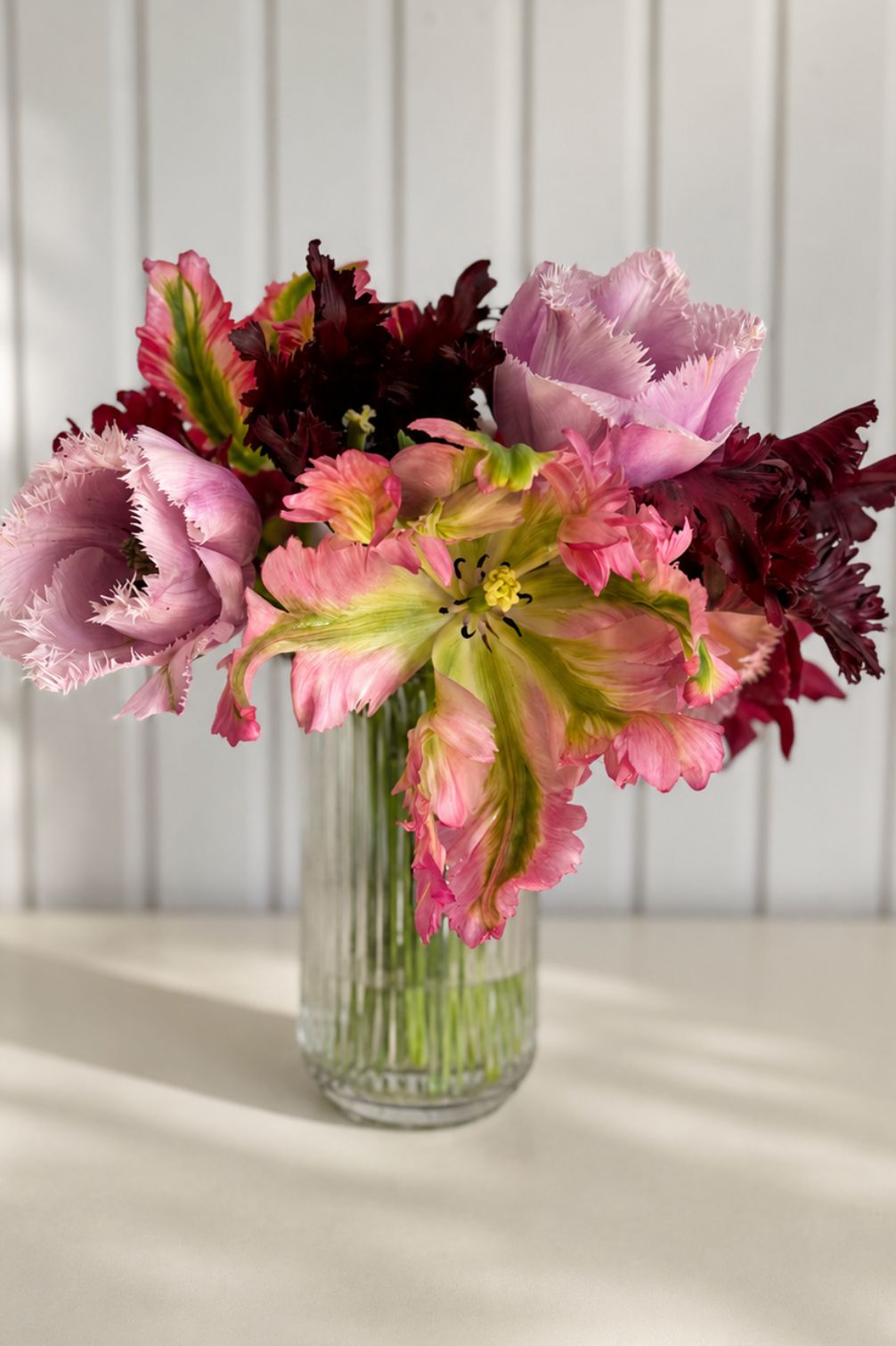 Tulpe "Green Wave" als Schnittblume in einer Vase zusammen mit anderen Frühlingsblumen.