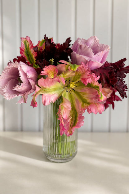 Tulpe "Green Wave" als Schnittblume in einer Vase zusammen mit anderen Frühlingsblumen.