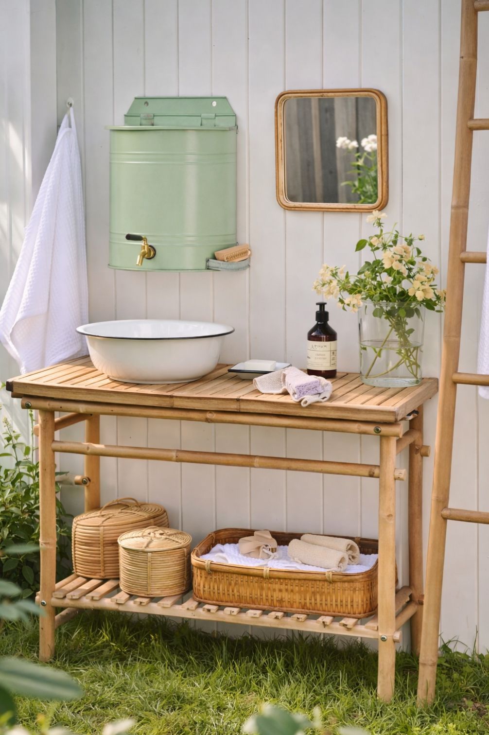 Wand-Wasserbehälter aus Metall in pastellgruen mit Hahn als stilvolle Outdoor-Waschstation im Cottage-Garten.