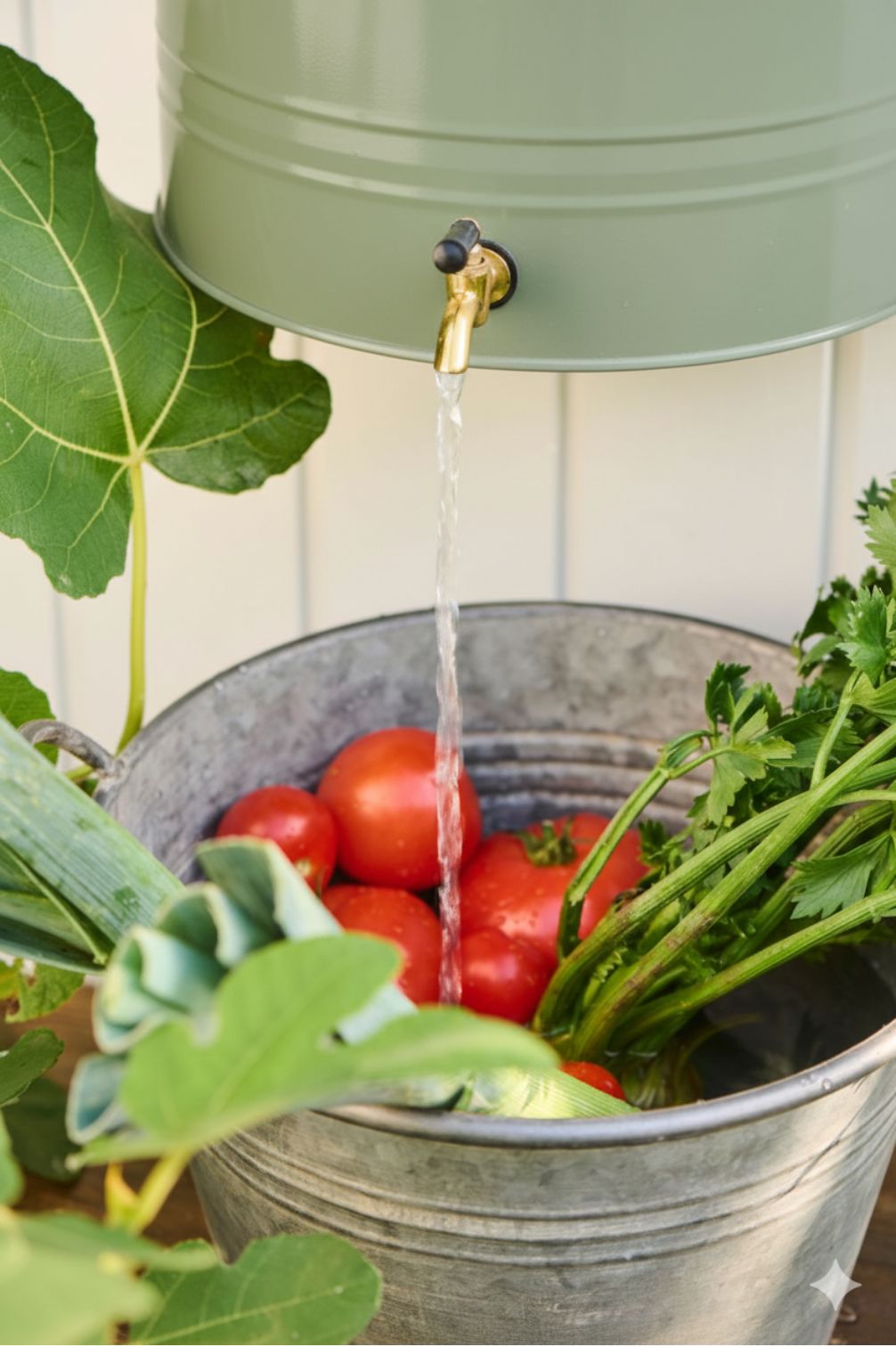Messinghahn des Wand-Wasserbehälters mit fließendem Wasser über Zinkwanne mit frischem Gemüse.