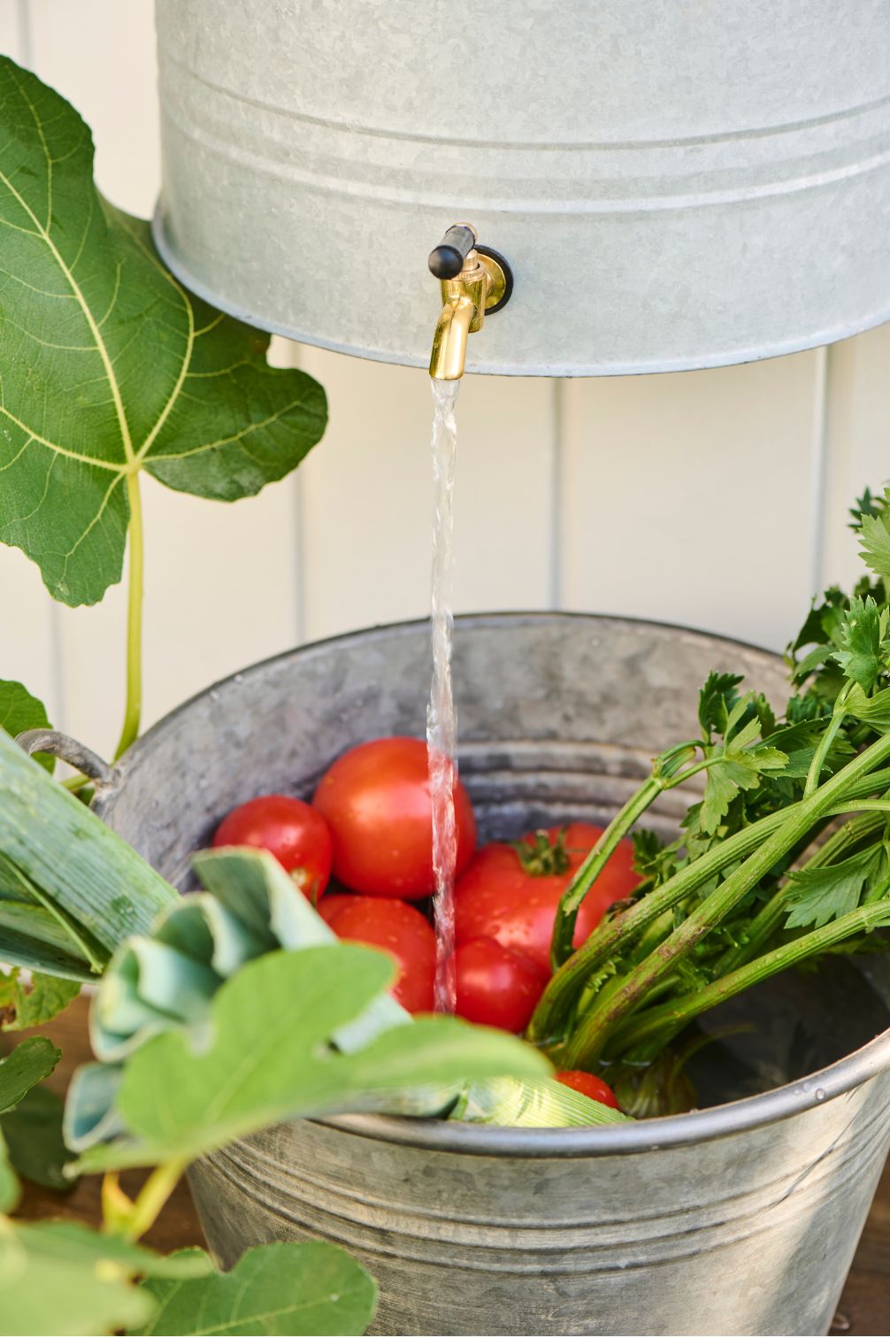 Messinghahn des Wand-Wasserbehälters mit fließendem Wasser über Zinkwanne mit frischem Gemüse.