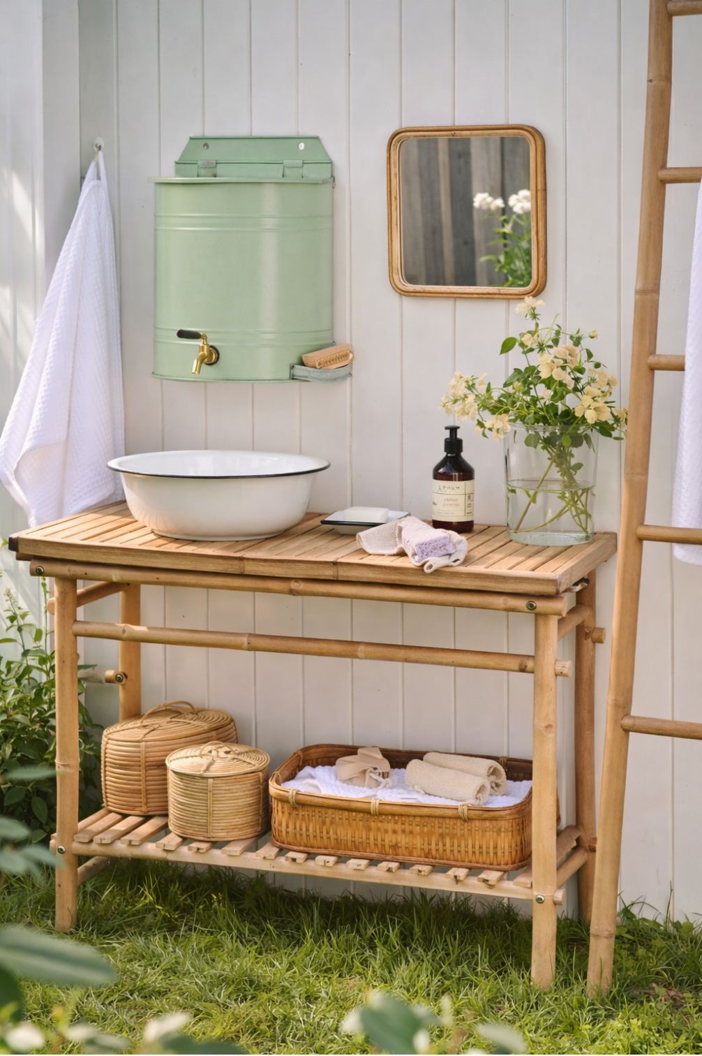 Wand-Wasserbehälter aus Metall in pastellgruen mit Hahn als stilvolle Outdoor-Waschstation im Cottage-Garten.